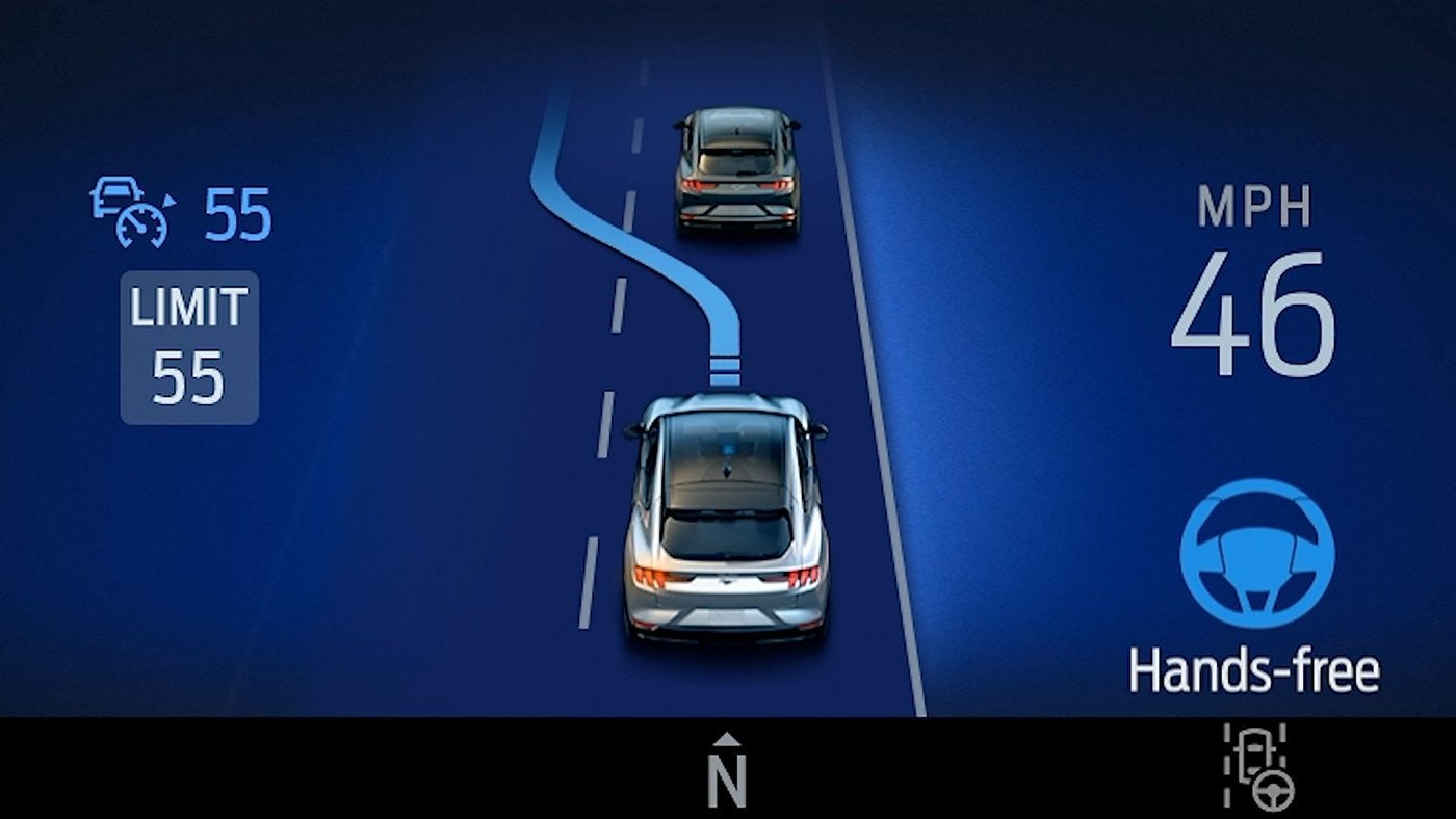 Ford digital cluster showing BlueCruise hands free mode and the speed limit, driver assist for Farmington MO roads