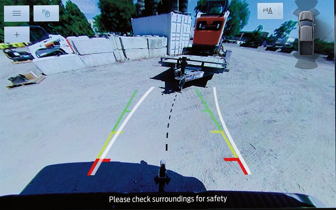 Ford F-150 rear camera screen with hitch guide lines lined up on a trailer coupler Ford F-150 rear camera screen with hitch guide lines lined up on a trailer coupler, Farmington MO towing