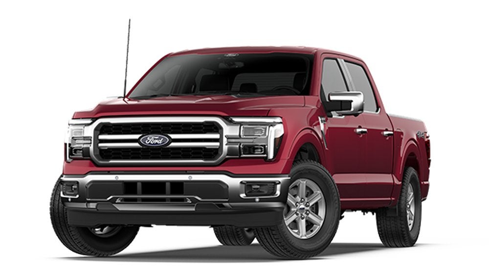 Red Ford F-150 Lariat SuperCrew pickup, front three quarter view, one of the F-150 trims in Farmington MO