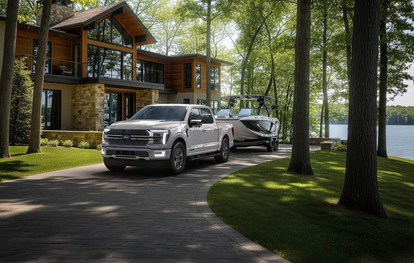 Silver Ford F-150 towing a boat down a wooded lakeside drive Silver Ford F-150 towing a boat down a wooded lakeside drive, extra braking load for Farmington MO trucks